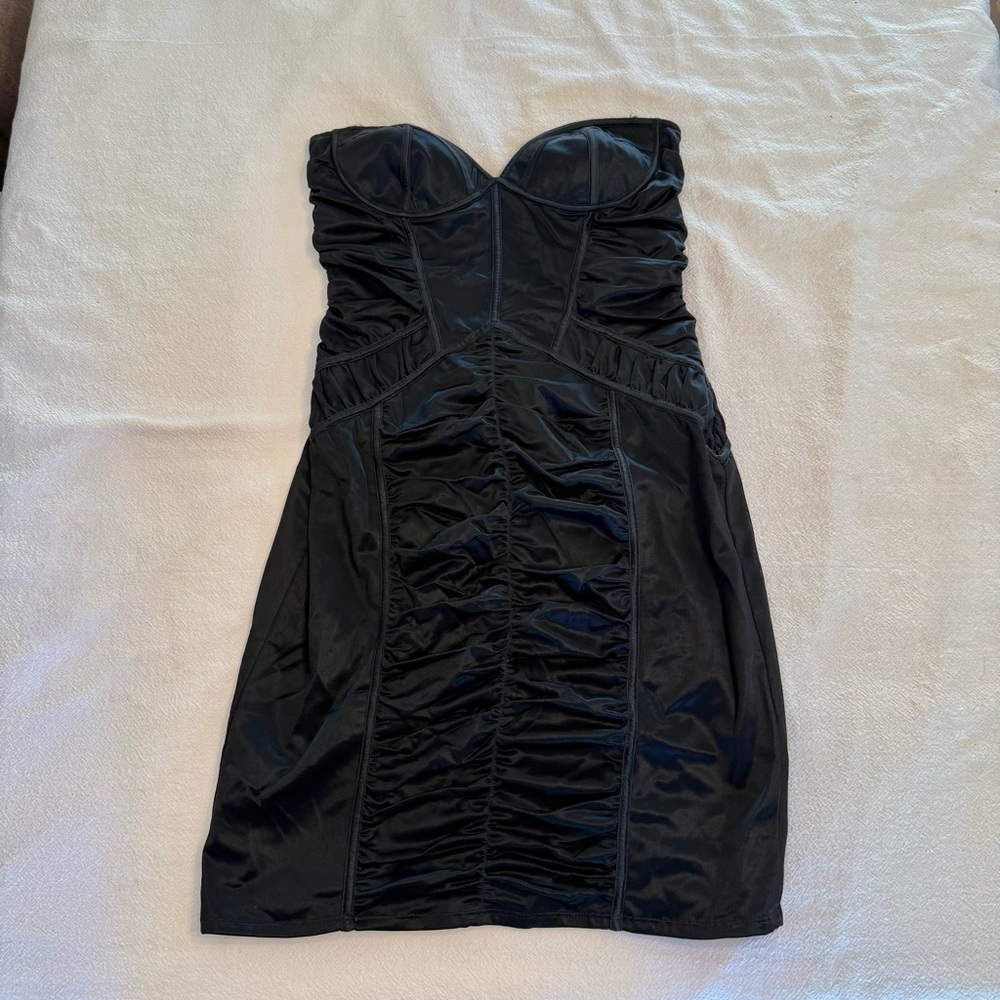 bebe Black Strapless Ruched Mini Dress
